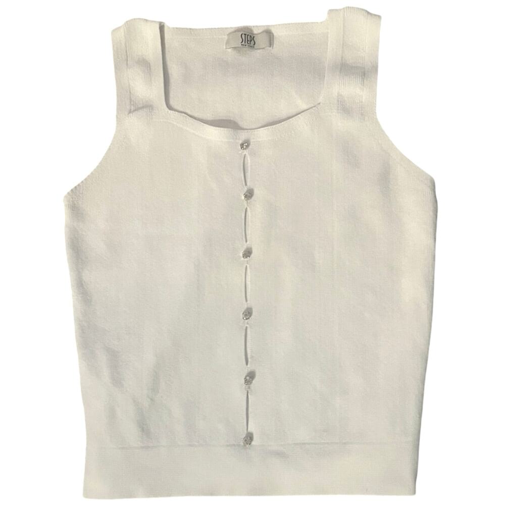 Steps New York White Tank Top with Cutouts and Diamond Crystal Accents (S/M)